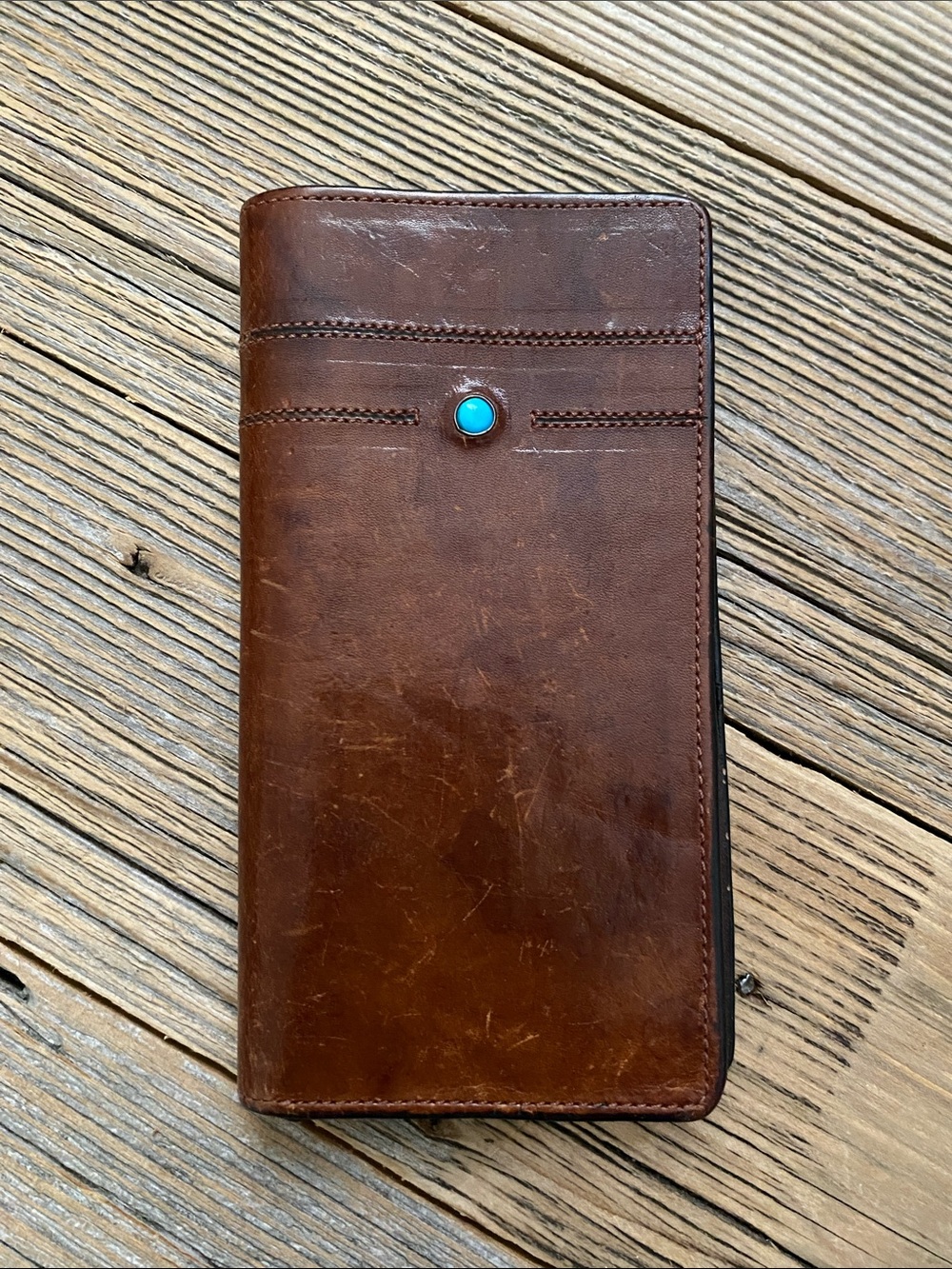 Vintage Western Leather Rodeo Wallet with Turquoise Inlay.